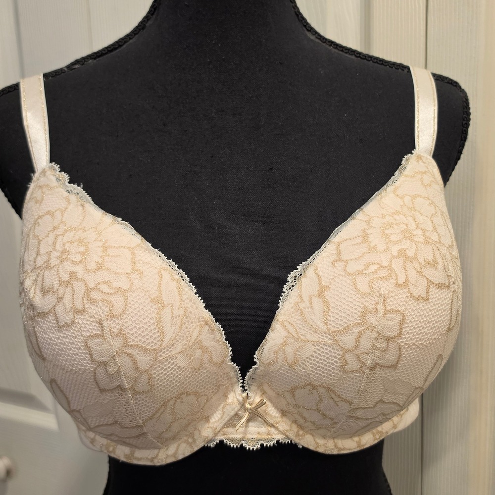 Cacique Bra Women 40C Ivory Gold Boost Plunge Lace Underwire Padded Intimates